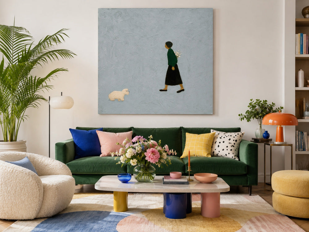 Minimalist Girl And Dog Painting Textured Grey Wall Art For Modern Home Decor