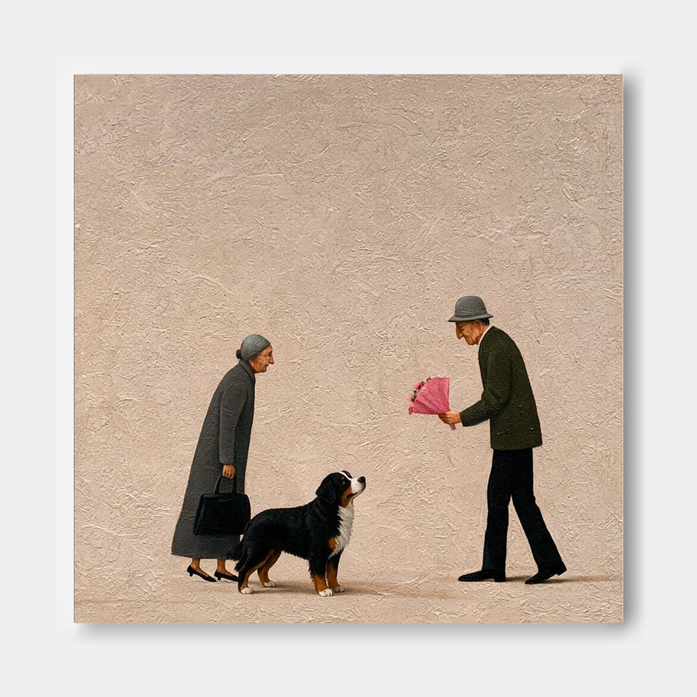 Romantic Anniversary Gift Artwork Senior Couple And Pet Original Oil Painting