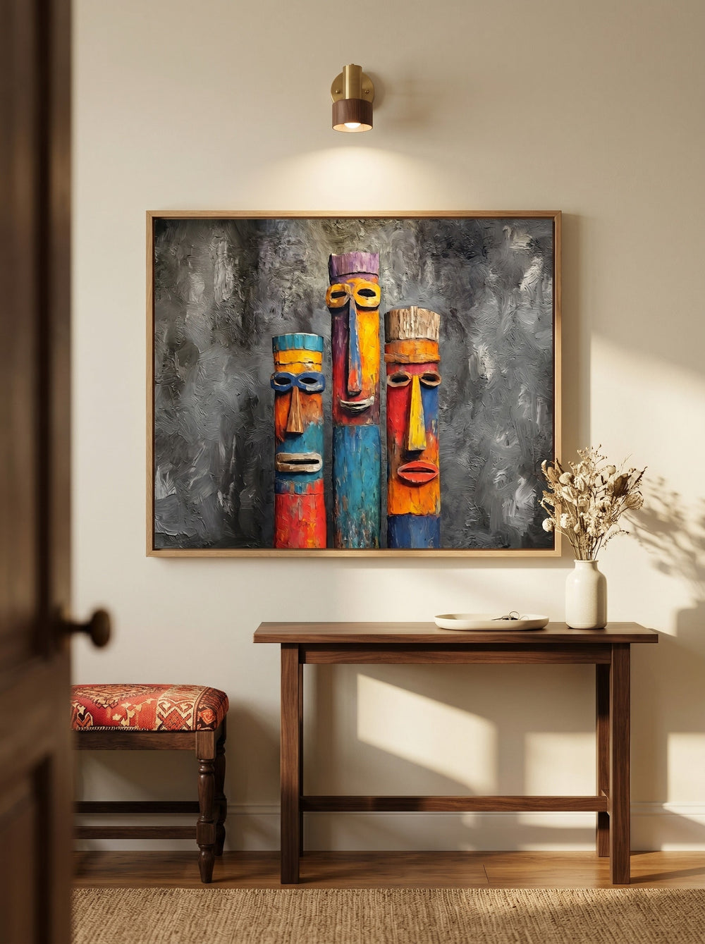 Whimsical Totem Art Print With Rich Texture And Bold Colors For Eclectic Interior Design