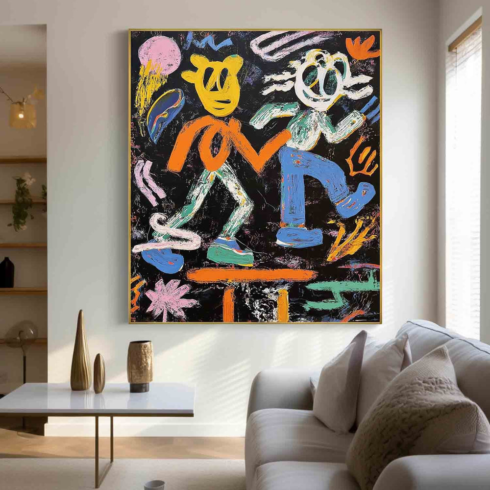 Whimsical Pop Art Colorful Doodle Impasto Oil Painting Vibrant Sun & Flower Abstract Playful Texture Artwork