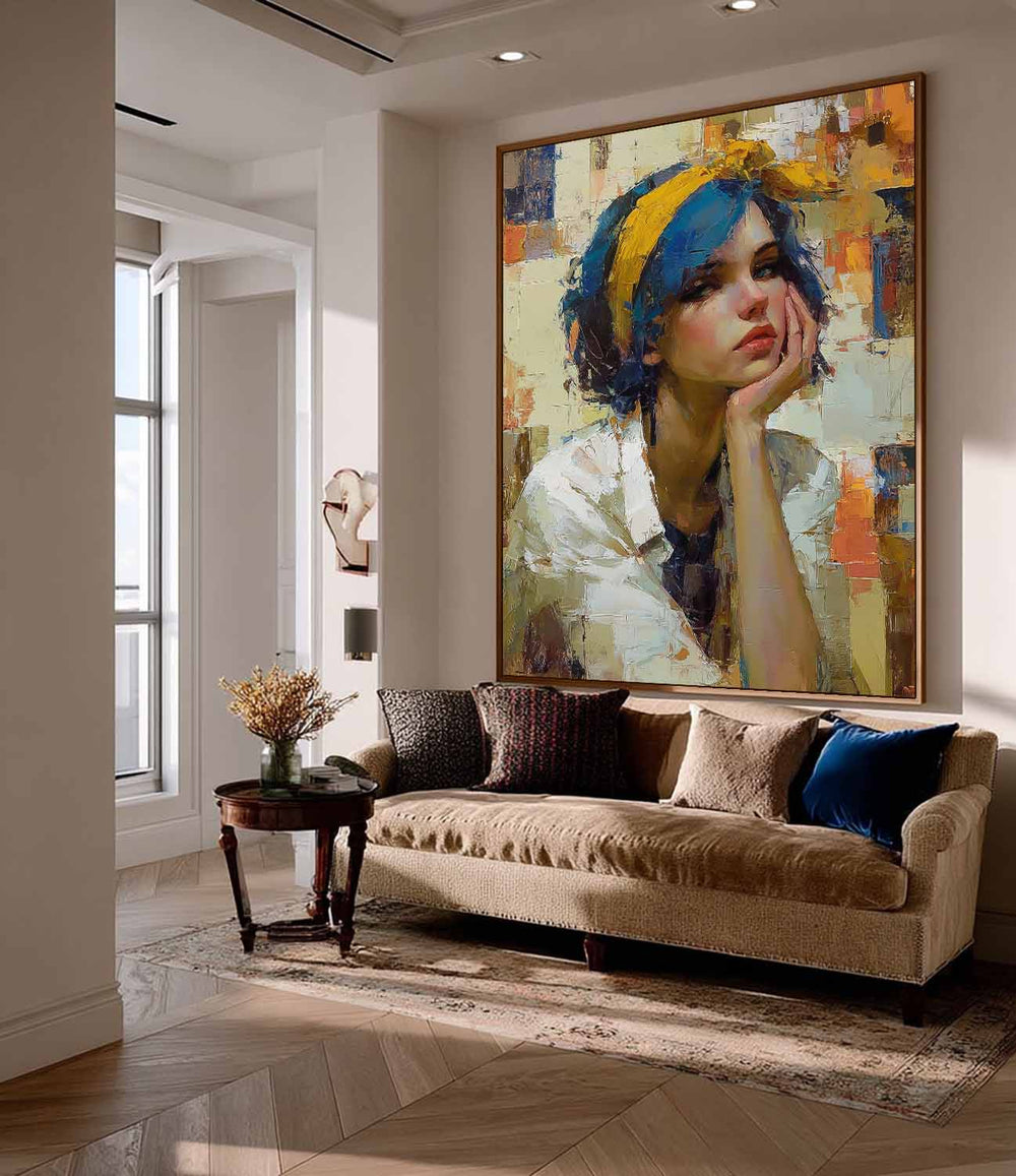 Modern Female Portrait Abstract Oil Painting Blue Hair Girl Wall Art Impasto Textured Canvas For Living Room