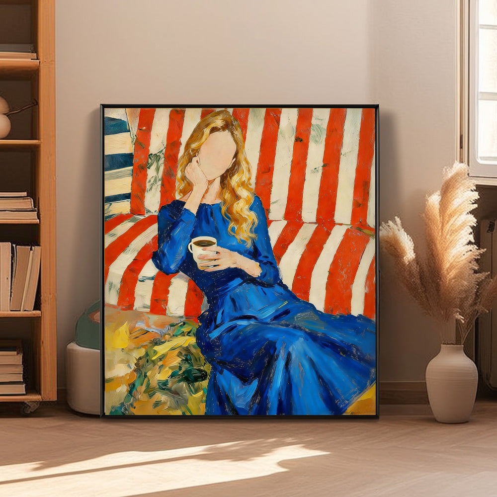 Faceless Woman Portrait Oil Painting Modern Blue Dress & Red Striped Sofa Canvas Art Vibrant Abstract Wall Decor