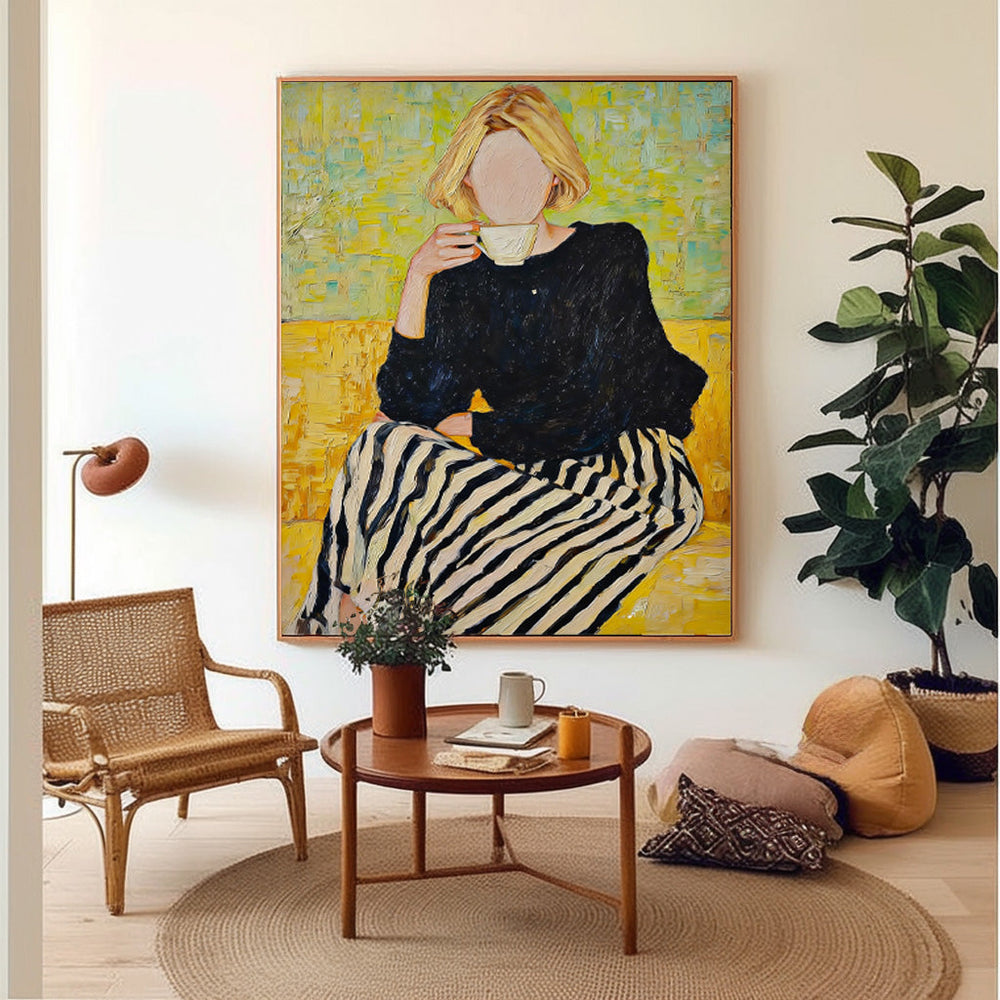 Faceless Blonde Woman Art Modern Yellow & Black Impressionist Oil Painting Abstract Female Portrait Artwork