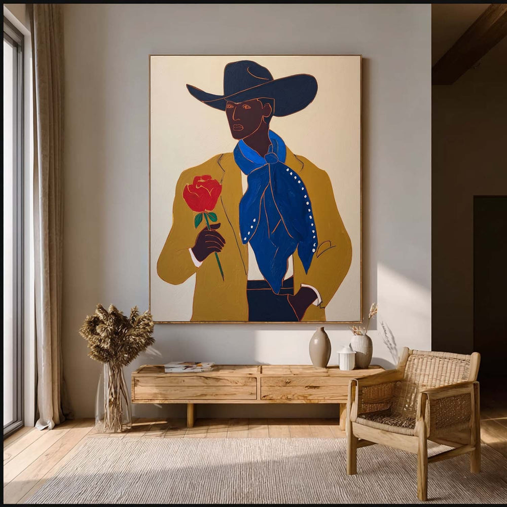 Original Oil Painting Cowboy With Red Rose Vibrant Modern Wall Art Unique Handmade Portrait For Home Decor