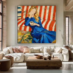Faceless Woman Portrait Oil Painting Modern Blue Dress & Red Striped Sofa Canvas Art Vibrant Abstract Wall Decor