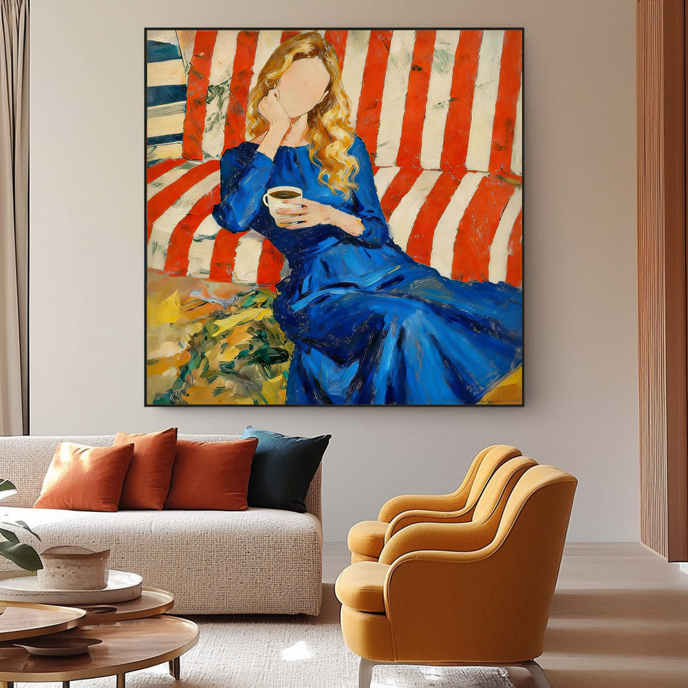 Faceless Woman Portrait Oil Painting Modern Blue Dress & Red Striped Sofa Canvas Art Vibrant Abstract Wall Decor