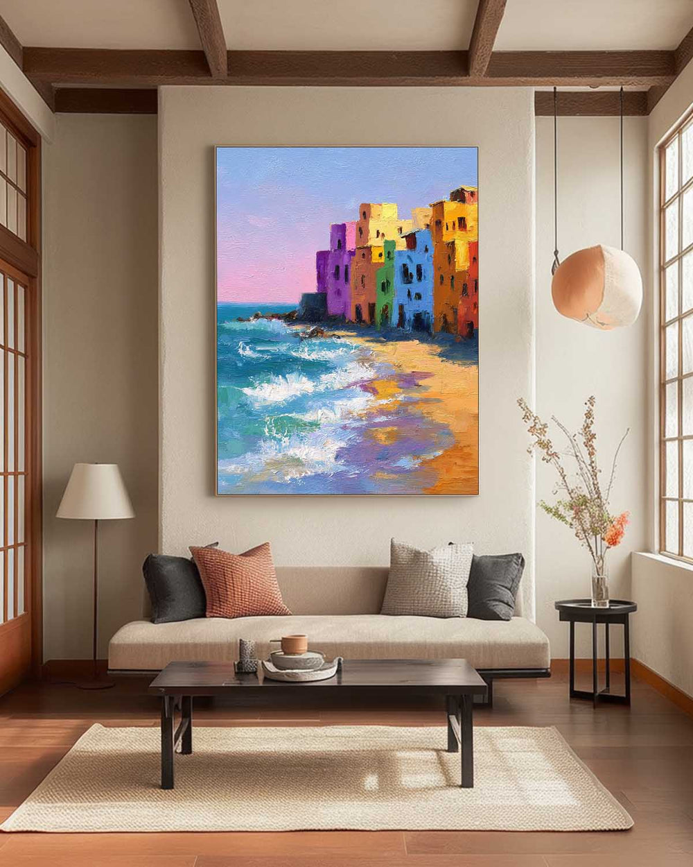 Coastal Wall Art Original Abstract Colorful Seaside Houses Painting Modern Texture Artwork Home Decor