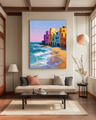 Coastal Wall Art Original Abstract Colorful Seaside Houses Painting Modern Texture Artwork Home Decor