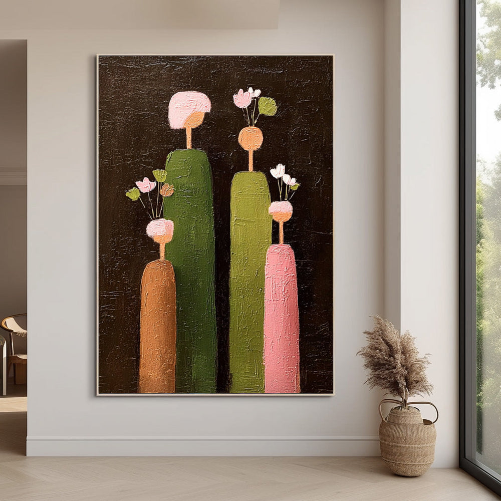 Original Featuring Stylized Cylindrical Figures Wall Art Large Family Painting Framed Abstract Artwork