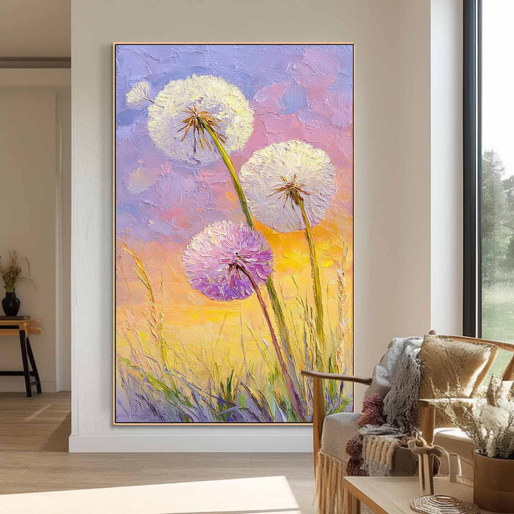 3D Palette Knife Textured Dandelion Oil Painting On Canvas Vertical Meadow Floral Wall Art For Home Decor