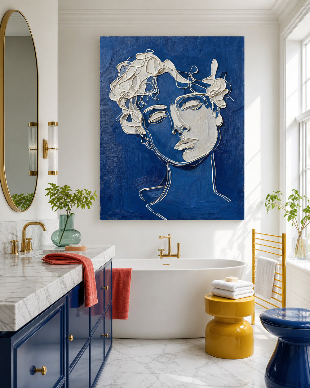 Modern Blue White Plaster Line Art Portrait Painting For Living Room Wall Decor