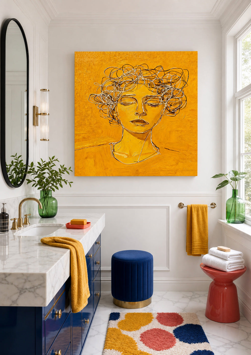 Modern Minimalist Face Line Art Painting With Golden Hue For Contemporary Home Decor