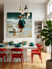Textured Impressionist Beach Scene With Child And Pet Square Wall Art