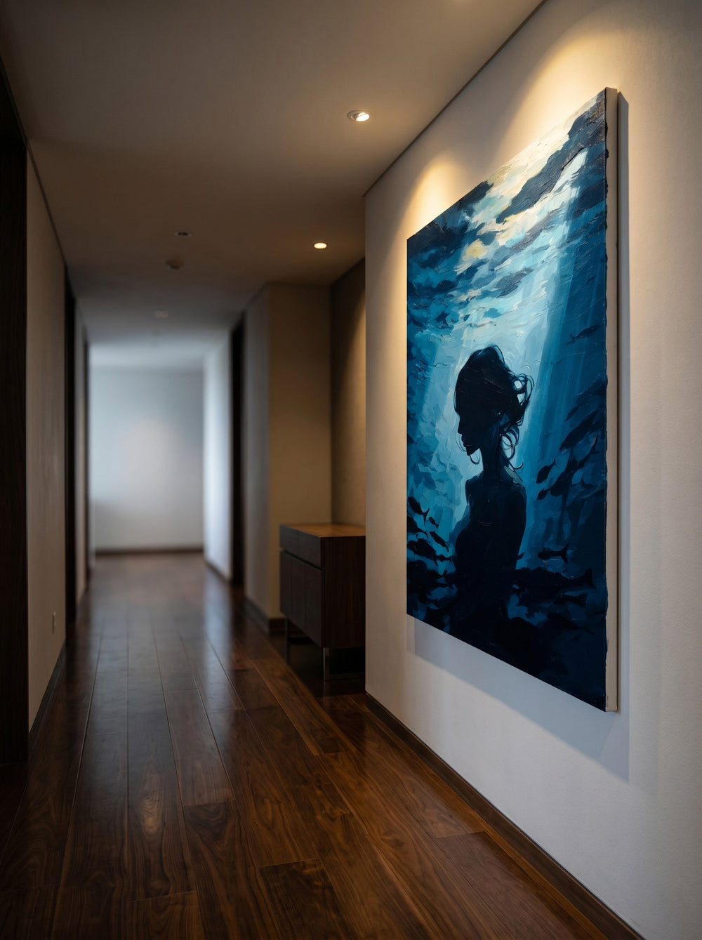 Blue Underwater Woman Portrait Oil Painting On Linen Canvas For Living Room Decor