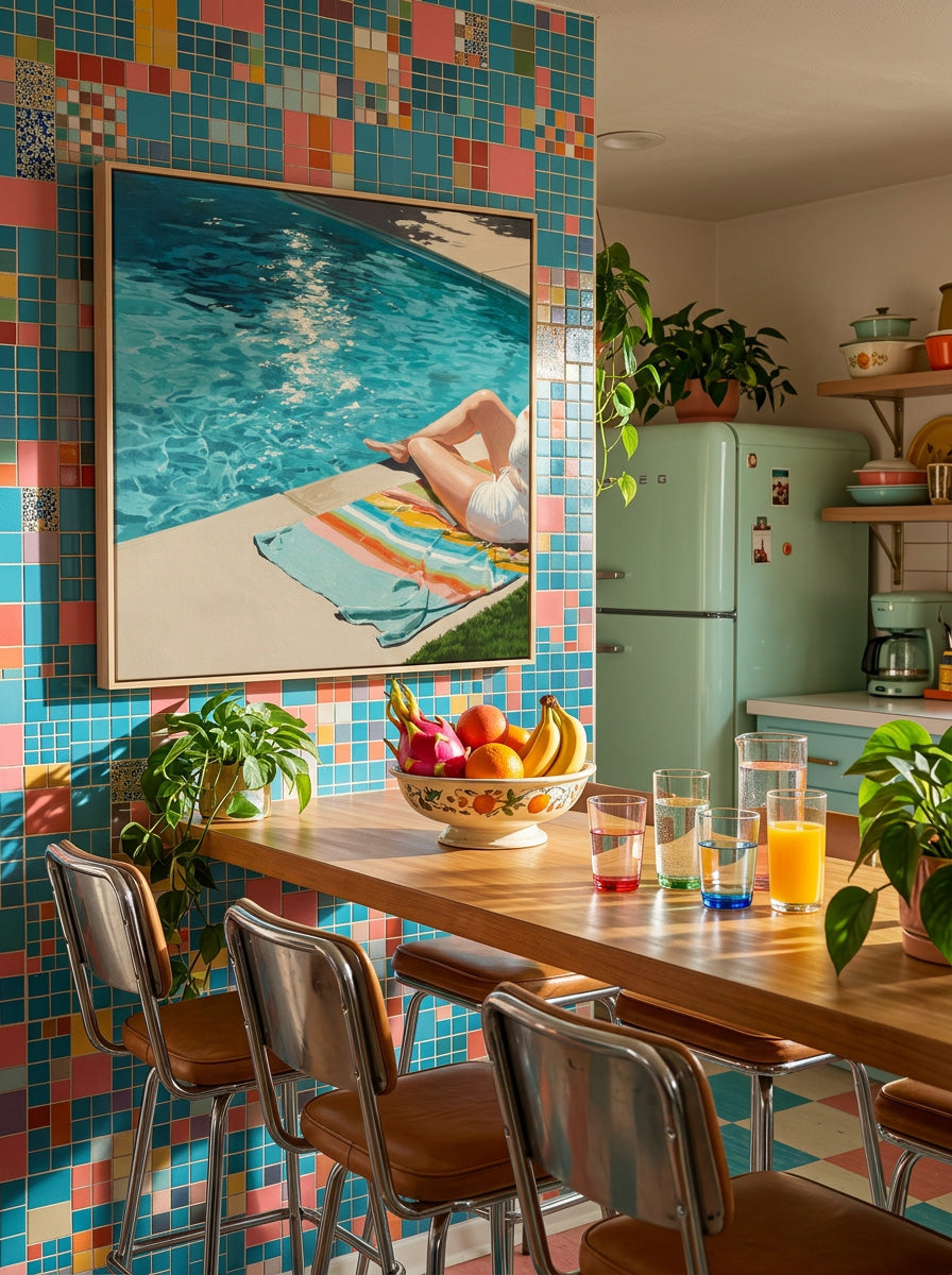 Original Poolside Oil Painting For Modern Living Room Summer Vibes