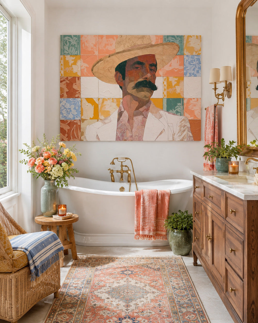 Vintage Cowboy Portrait Art With Floral Tile Background For Living Room Decor