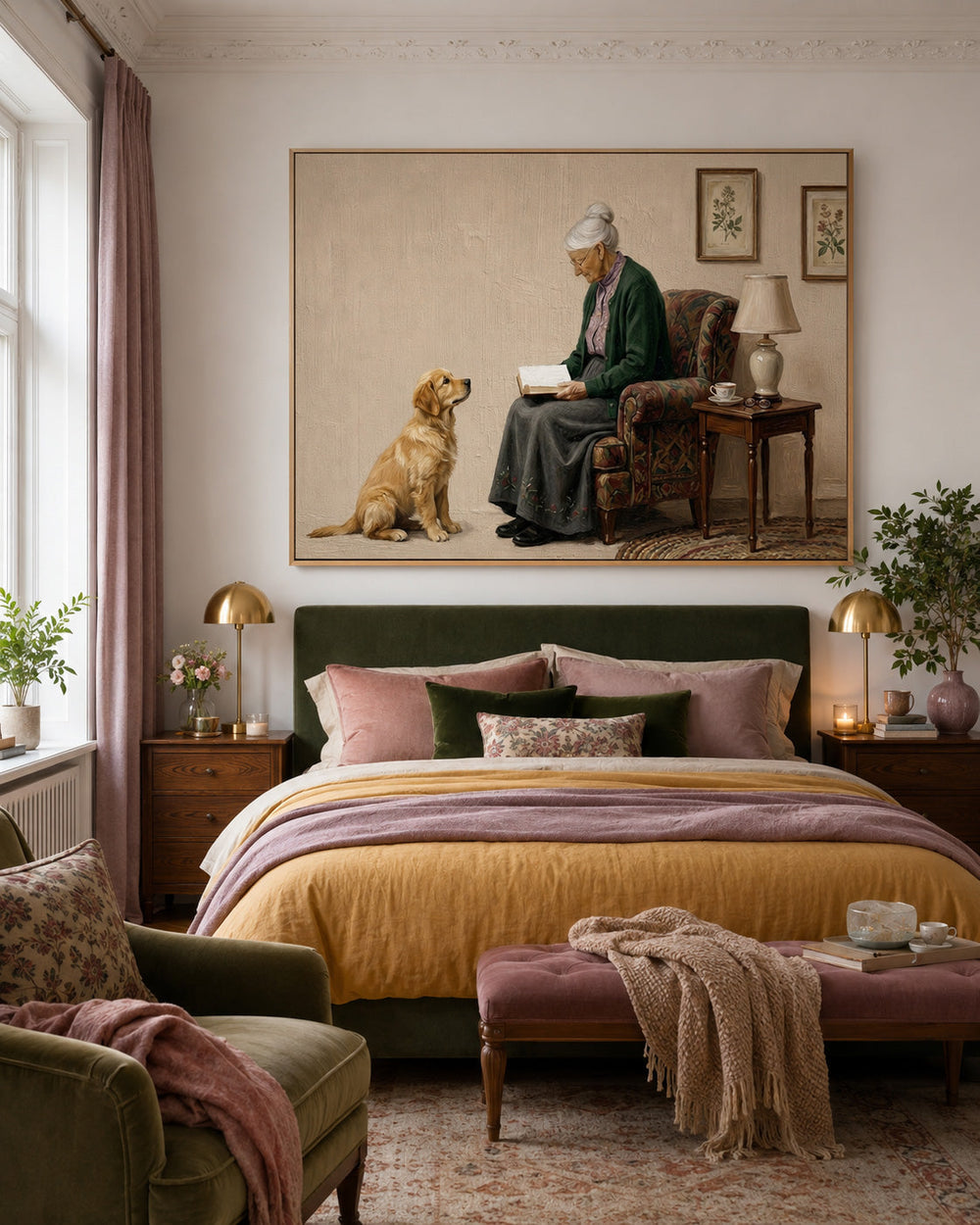 Vintage Style Oil Painting Of Elderly Woman Reading With Pet
