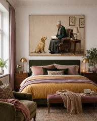 Vintage Style Oil Painting Of Elderly Woman Reading With Pet