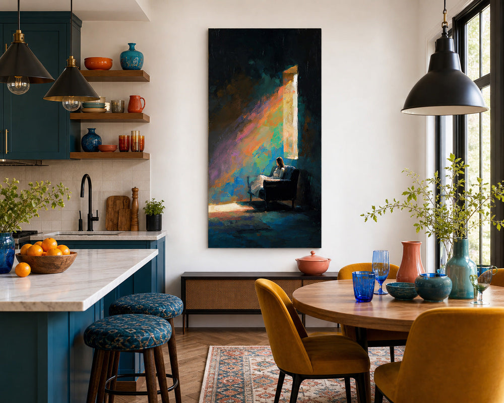 Large Vertical Canvas Art Featuring Expressive Figure In Colorful Abstract Style