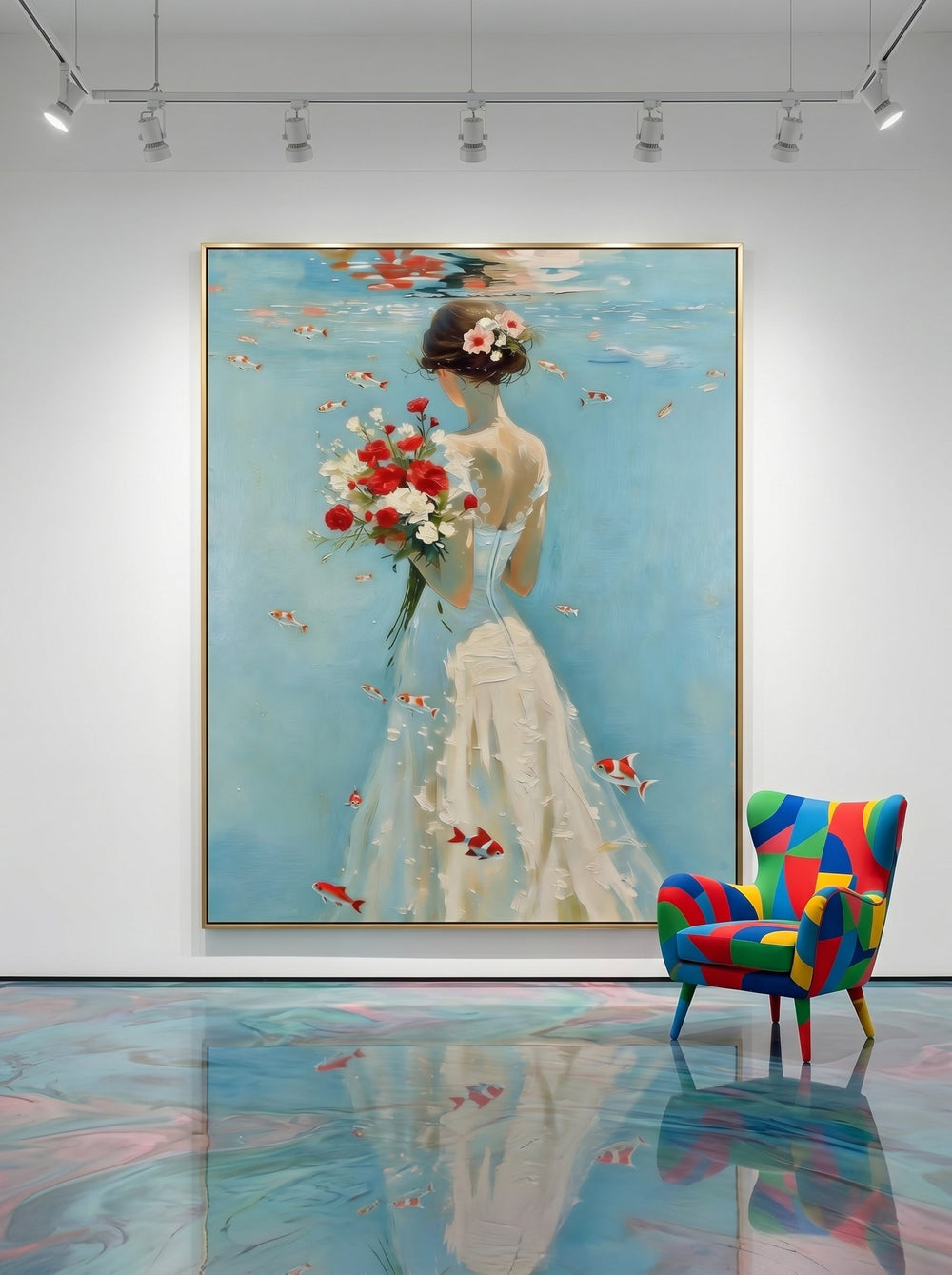 Underwater Bride Painting With Goldfish And Flowers For Romantic Home Decor