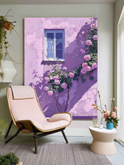 Flowers And Purple Building Acrylic Painting Canvas Large Textured Art Original Floral Painting Home Decor
