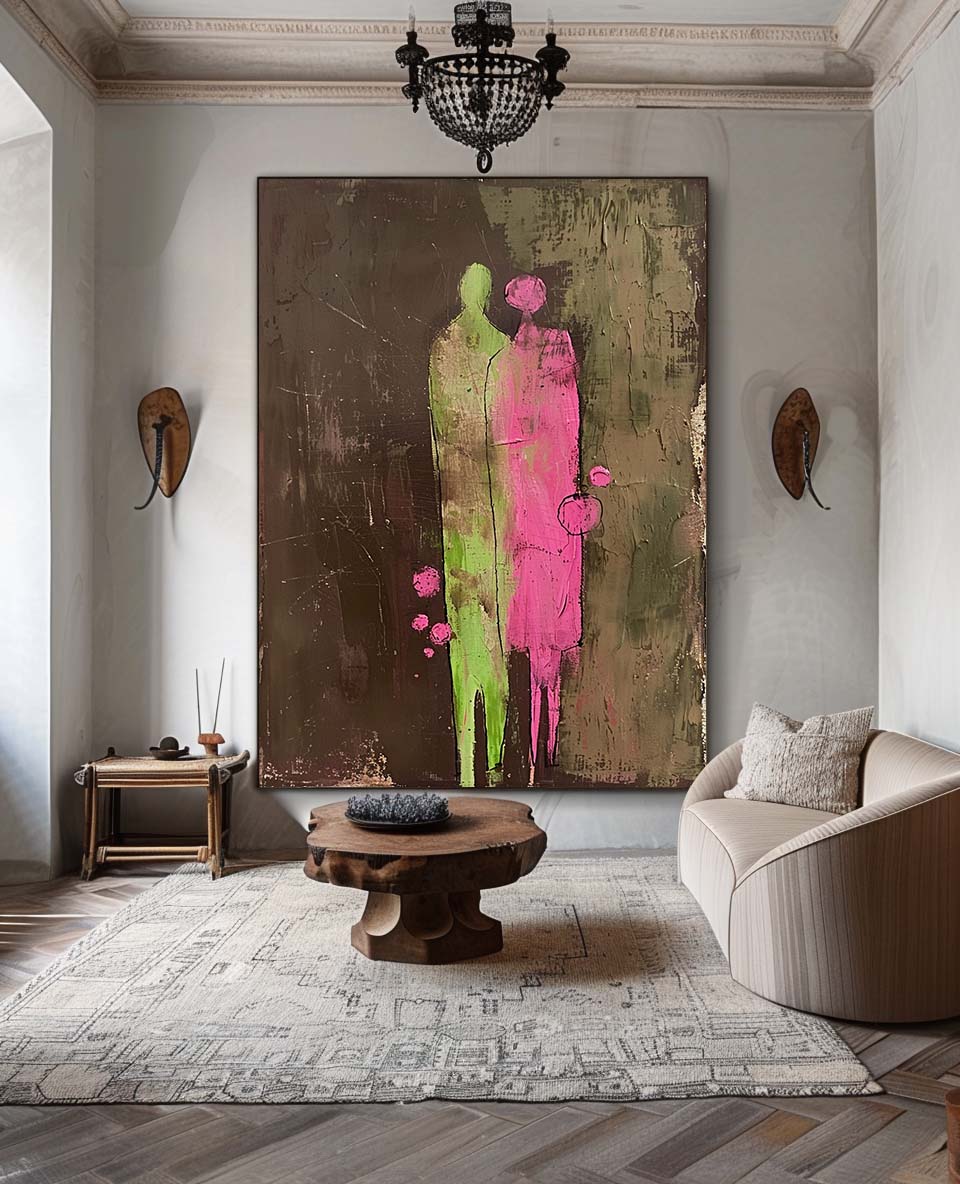 Dark Brown Large Figure Painting Original Green And Pink Silhouettes Wall Art Abstract Artwork Framed