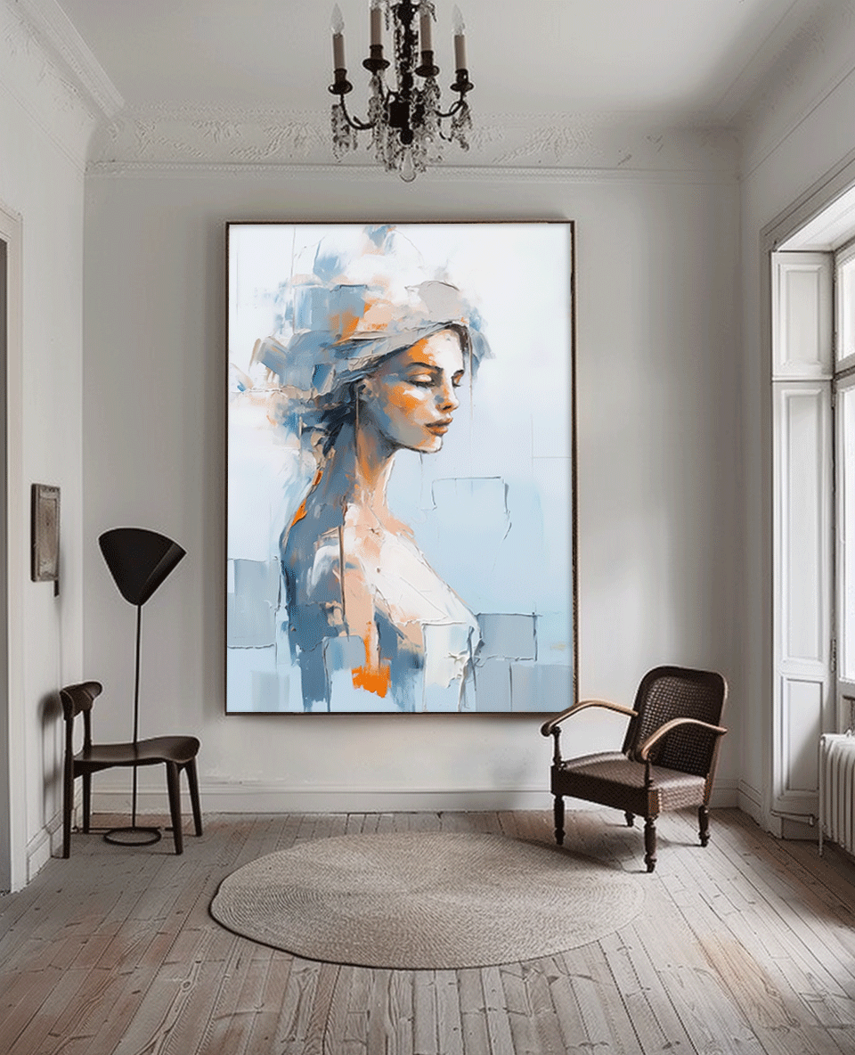 Original Blue Wall Art Abstract Lady Painting Woman Face Artwork Large Portrait Painting For Living Room