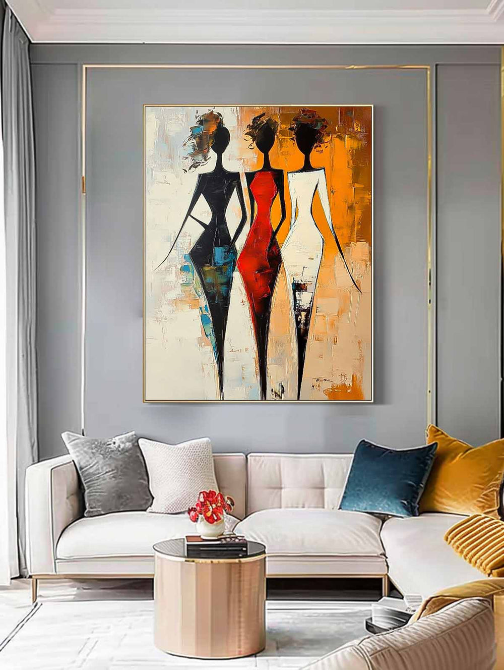 Large Line Portrait Artwork Original Elegant Lady Acrylic Painting Canvas Abstract Woman Wall Art Framed