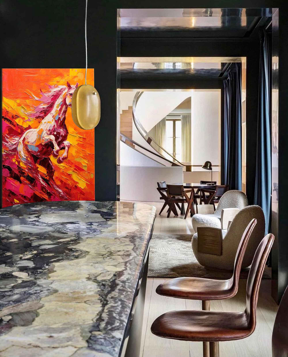 Bright Red Horse Oil Painting Modern Red background Texture Animal Oil Painting Impressionist Horse Wall Art Living Room Decor