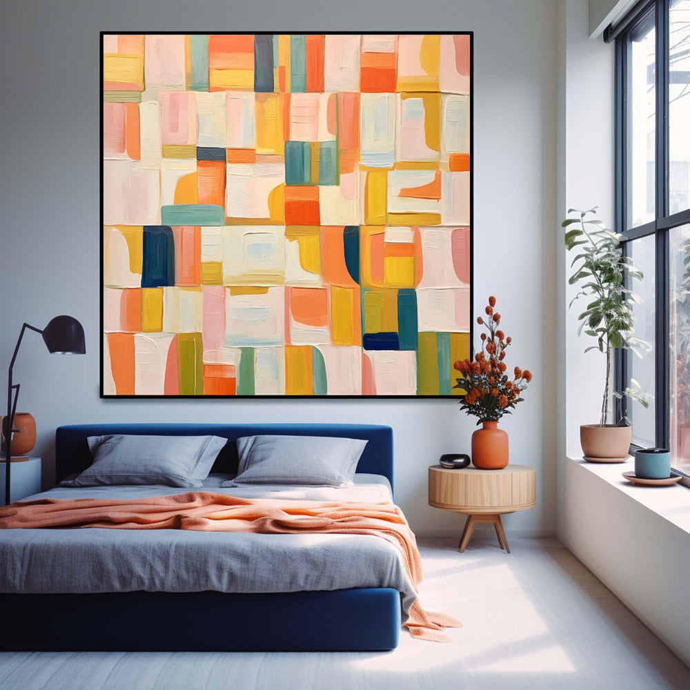 Square Abstract Geometry Oil Painting Bright Yellow Large Acrylic Painting Canvas Original Modern Wall Art For Living Room