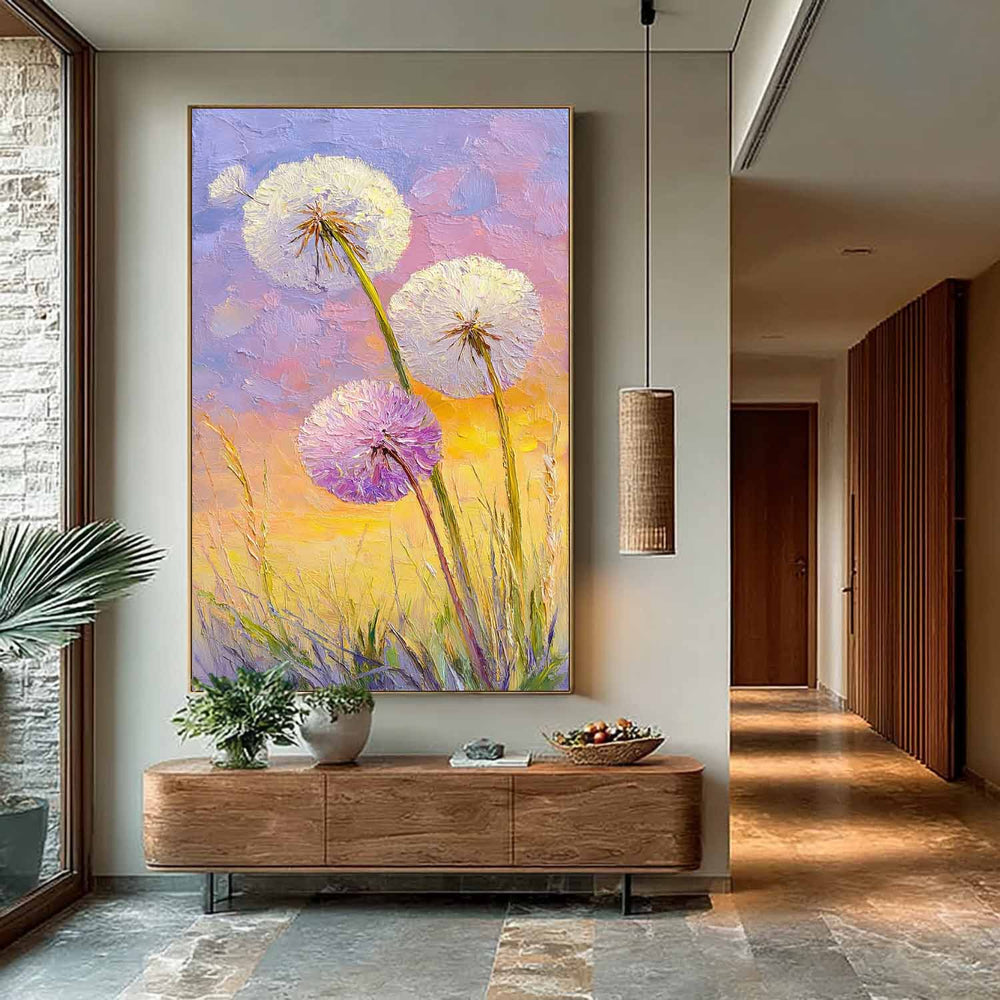 3D Palette Knife Textured Dandelion Oil Painting On Canvas Vertical Meadow Floral Wall Art For Home Decor