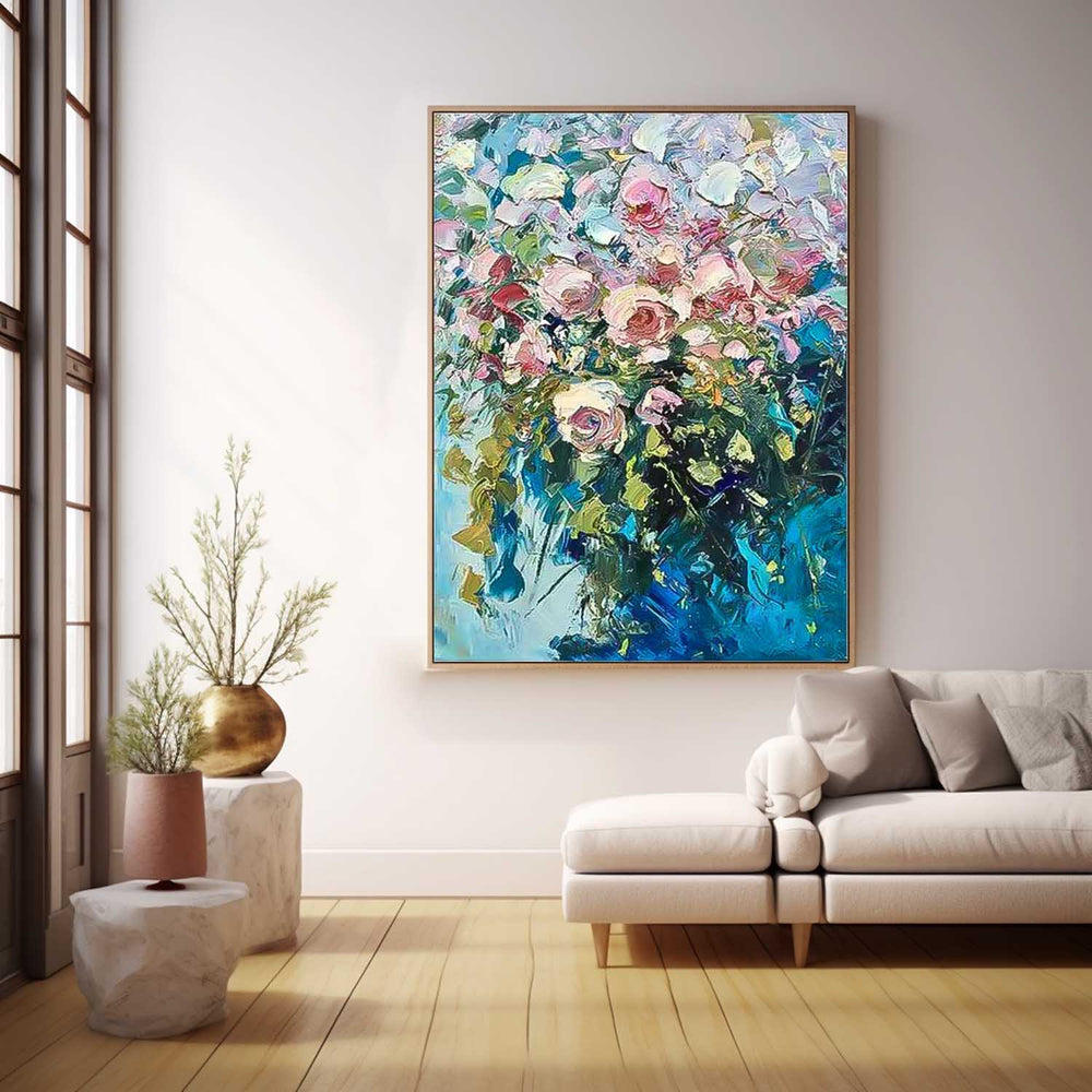 Pink Floral Abstract Acrylic Knife Painting On Canvas Contemporary Flower Wall Art Rustic Art