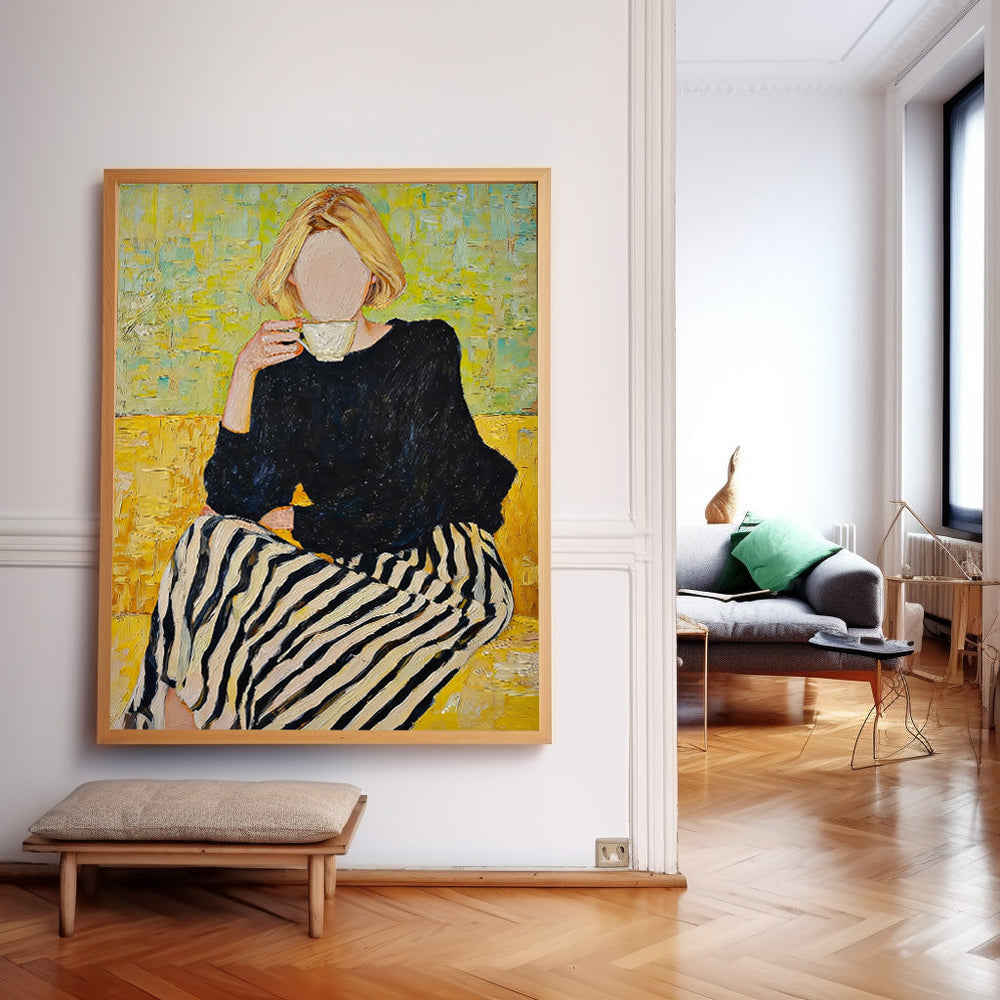 Faceless Blonde Woman Art Modern Yellow & Black Impressionist Oil Painting Abstract Female Portrait Artwork