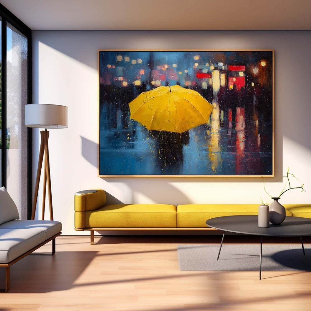 Yellow Umbrella Girl Canvas Wall Art Rainy Street Oil Painting Style for Romantic Modern Room Decor