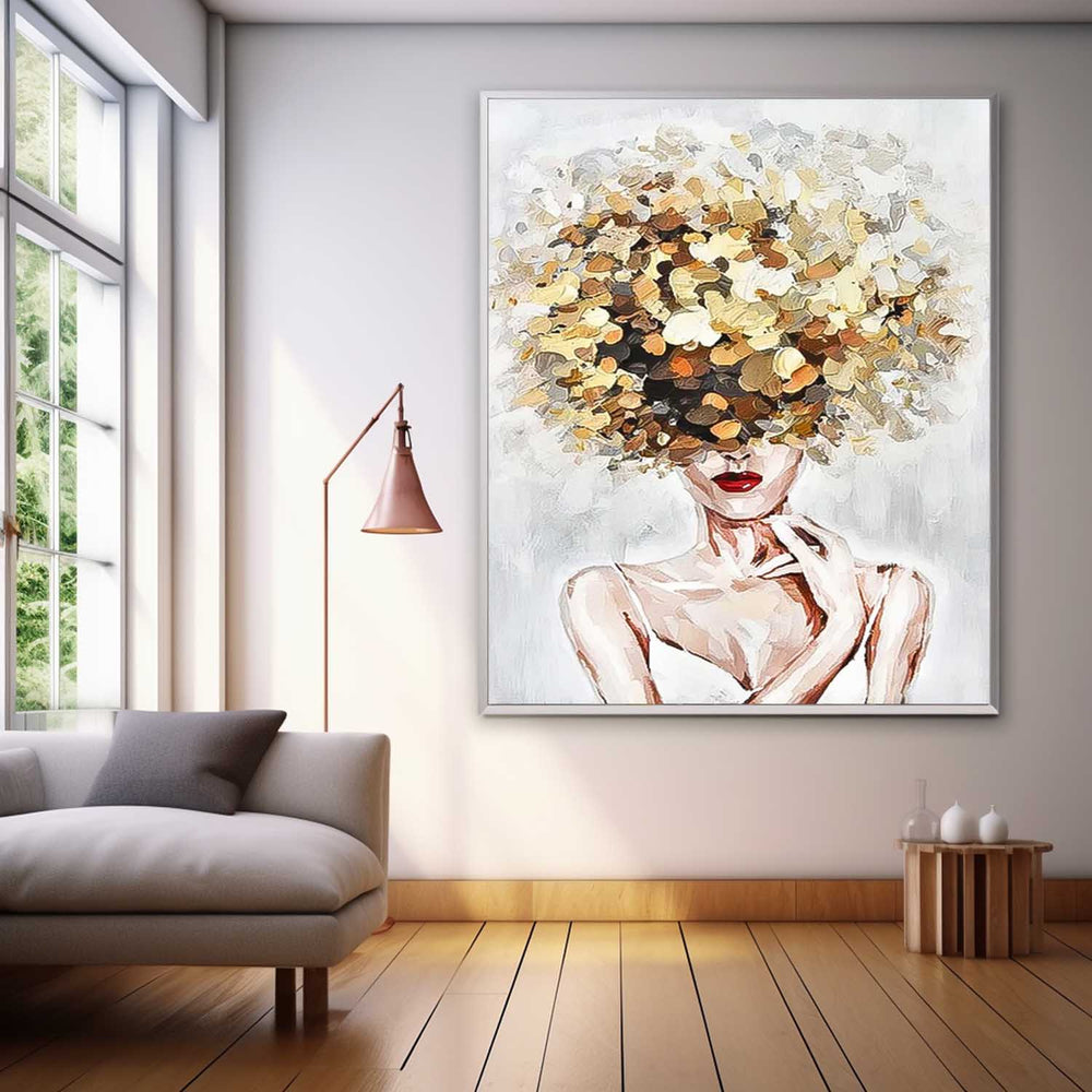 Original White Wall Art Abstract Lady Painting Woman Face Artwork Large Leaf Faceless Portrait Painting