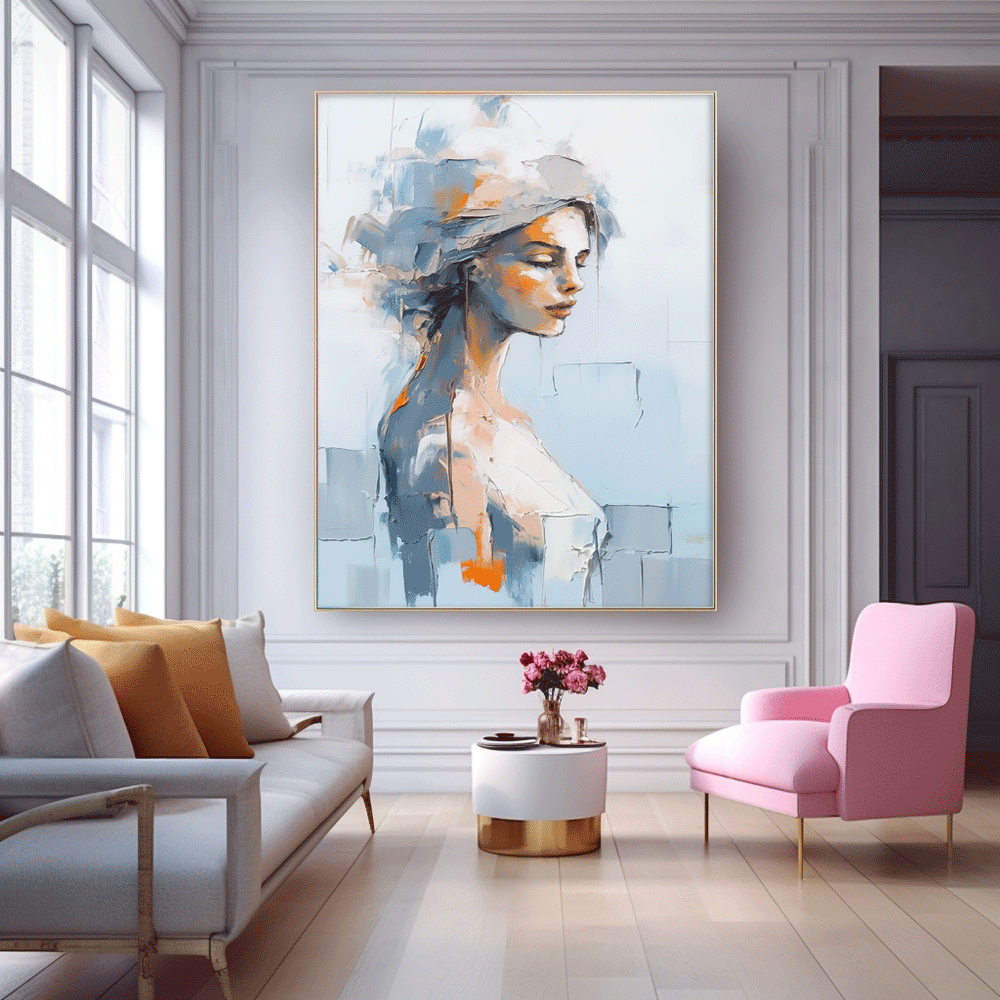 Original Blue Wall Art Abstract Lady Painting Woman Face Artwork Large Portrait Painting For Living Room