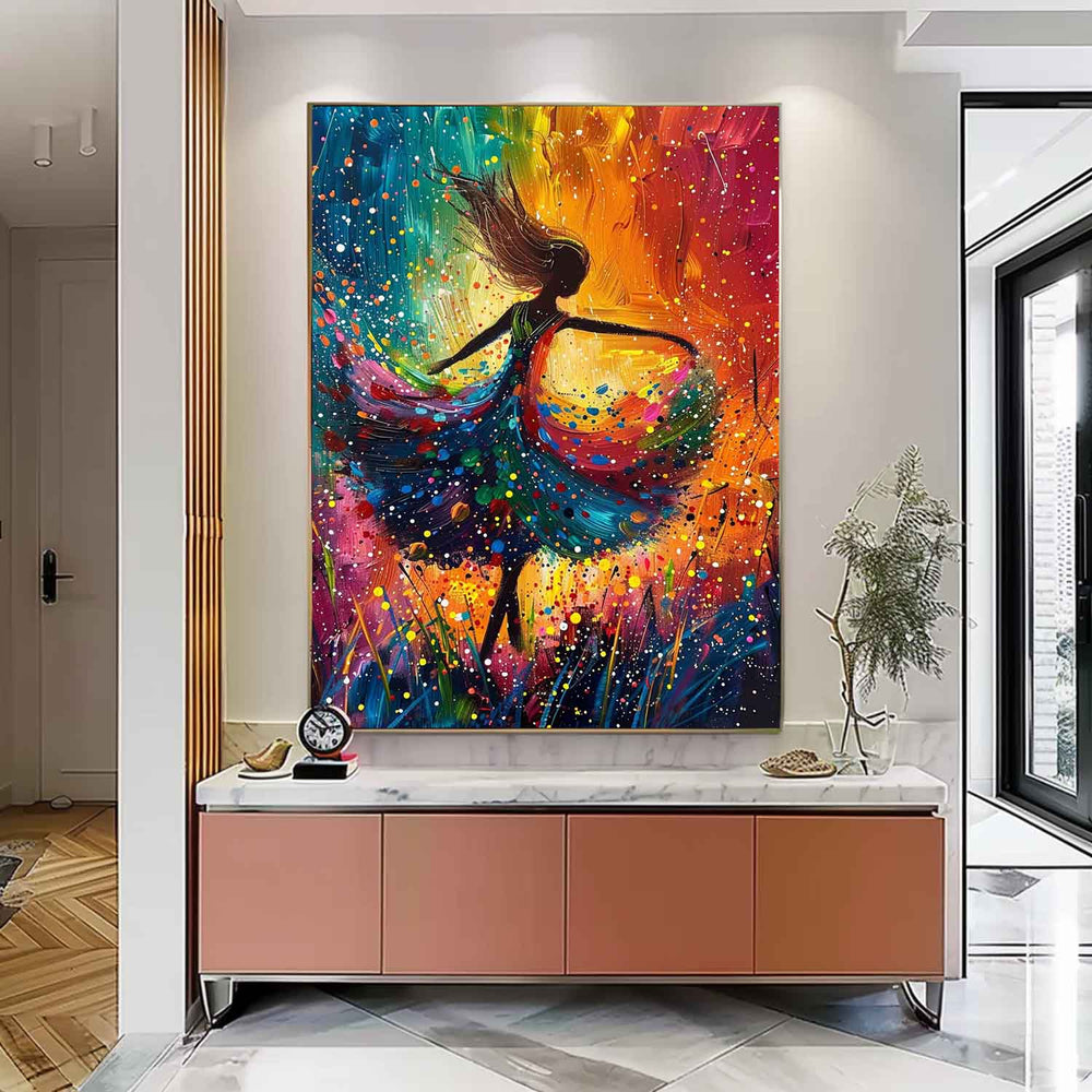 Large Multicolor Portrait Painting Framed Original Exquisite Dancing Girl Wall Art Abstract Colorful Artwork