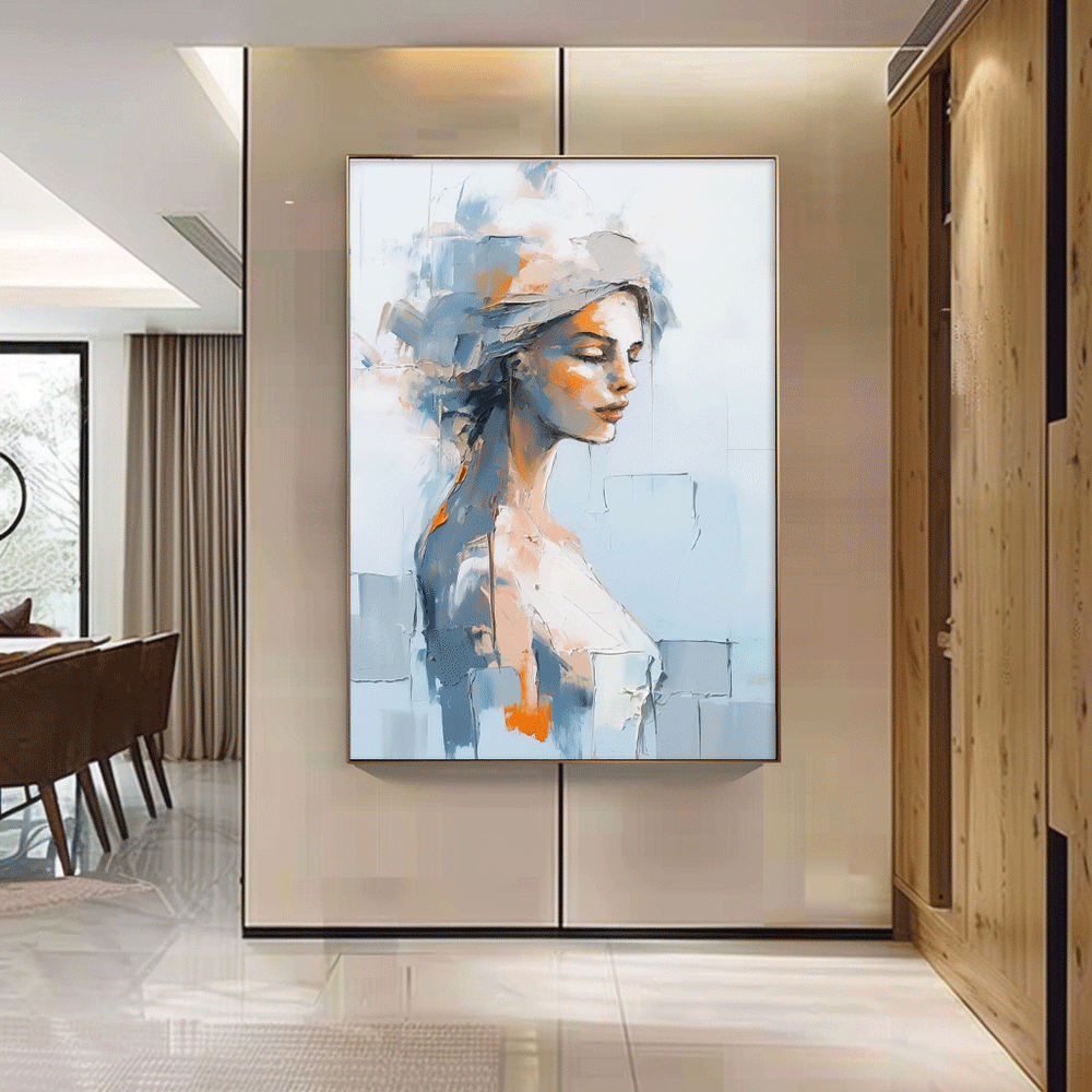Original Blue Wall Art Abstract Lady Painting Woman Face Artwork Large Portrait Painting For Living Room