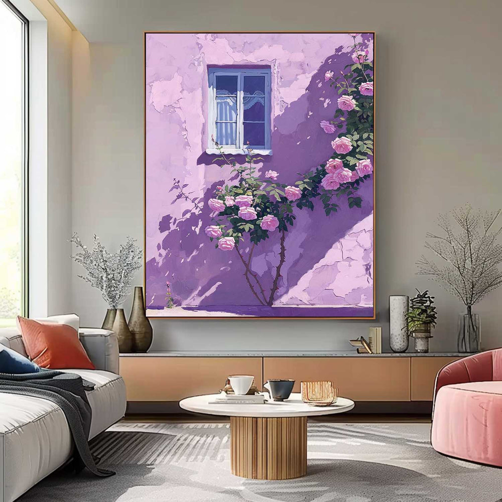 Flowers And Purple Building Acrylic Painting Canvas Large Textured Art Original Floral Painting Home Decor