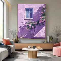 Flowers And Purple Building Acrylic Painting Canvas Large Textured Art Original Floral Painting Home Decor