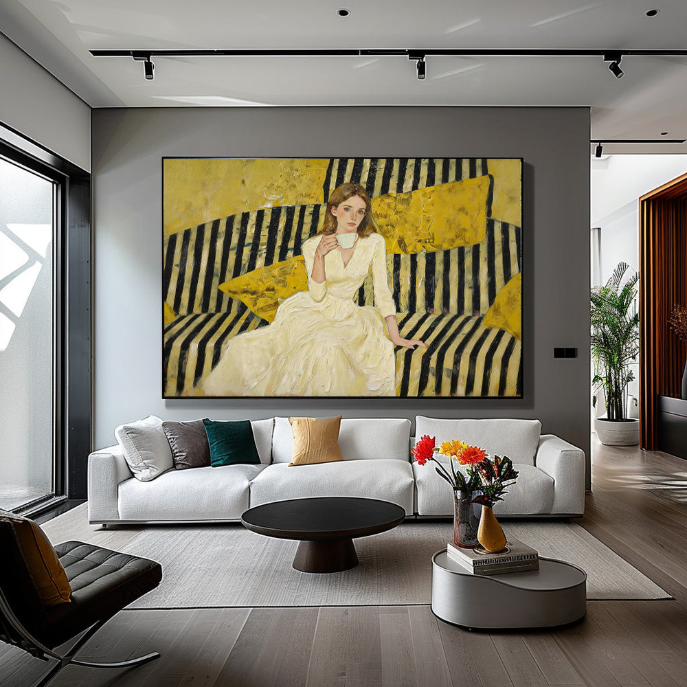 Modern Impasto Figurative Painting Minimalist Yellow & Black Striped Art Sophisticated Female Portrait For Home