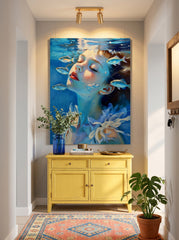 Modern Surreal Female Portrait Painting In Blue Tones For Living Room Accent Wall