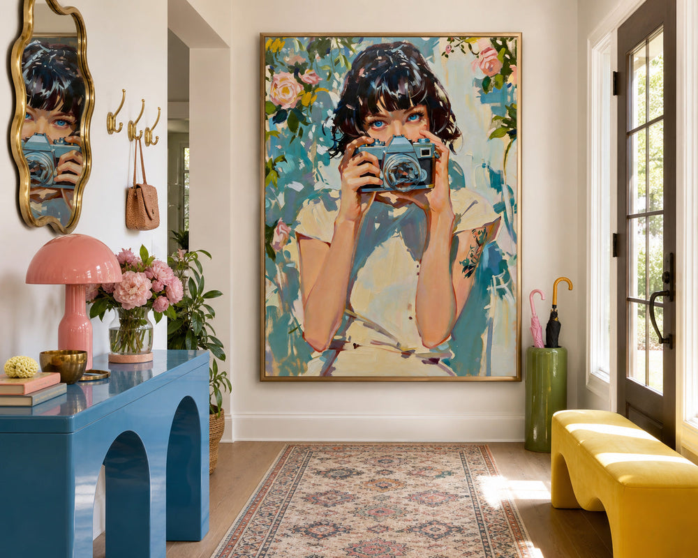 Hand Painted Acrylic And Oil Canvas Of Girl Holding Vintage Camera