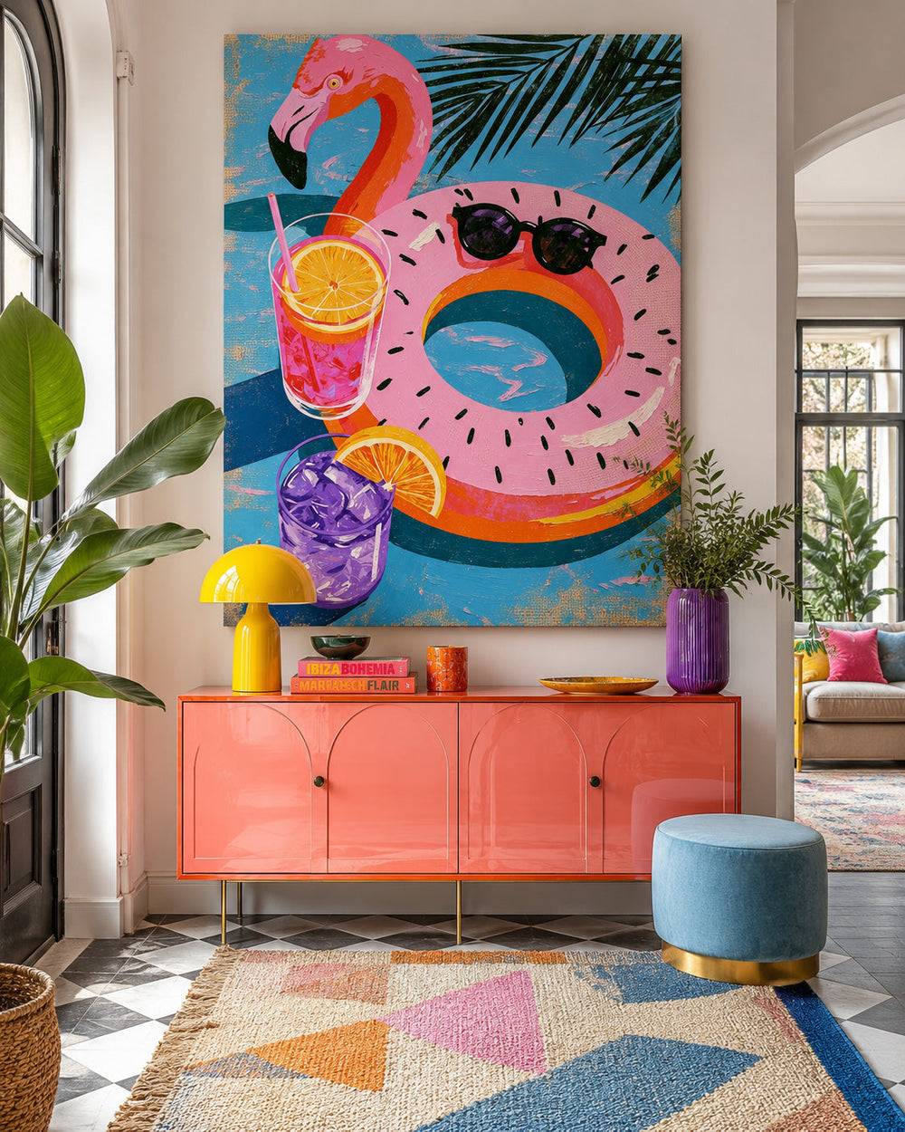 Whimsical Tropical Cocktail And Flamingo Float Canvas Art For Bright Sunroom Wall Decor