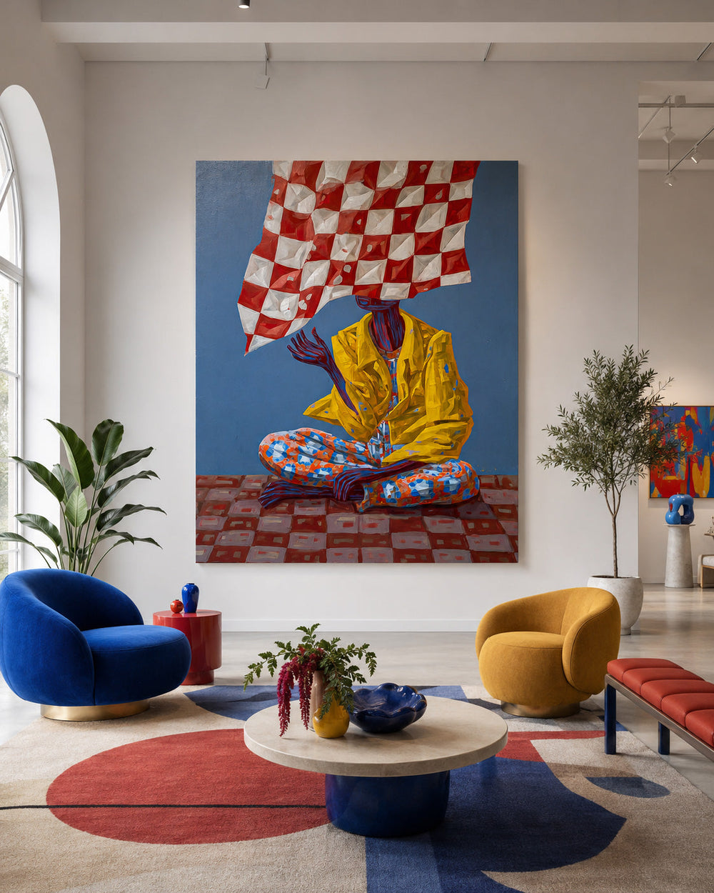 Original Surrealist People Painting With Bold Colors And Abstract Patterns For Modern Wall Art