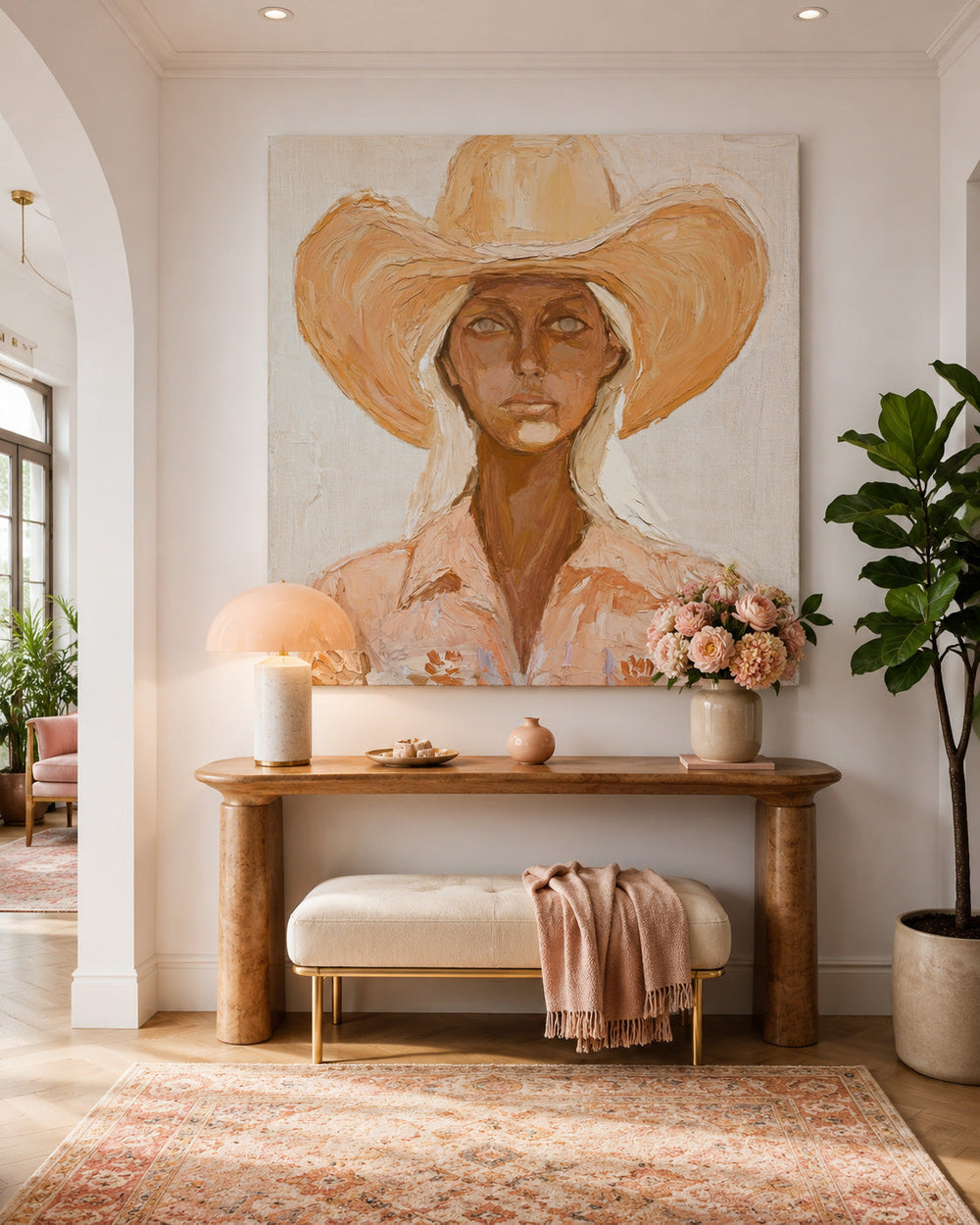 Organic Modern Square Canvas Art Featuring Female Figure In Cowboy Hat For Living Room Wall