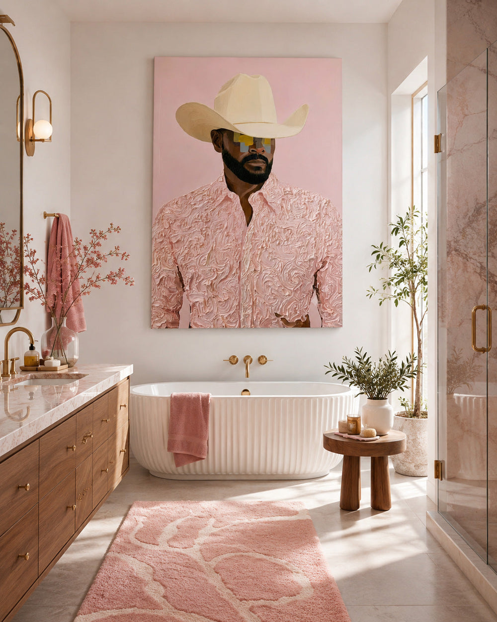 Modern Cowboy Portrait Painting Pink Textured Wall Art For Living Room Decor