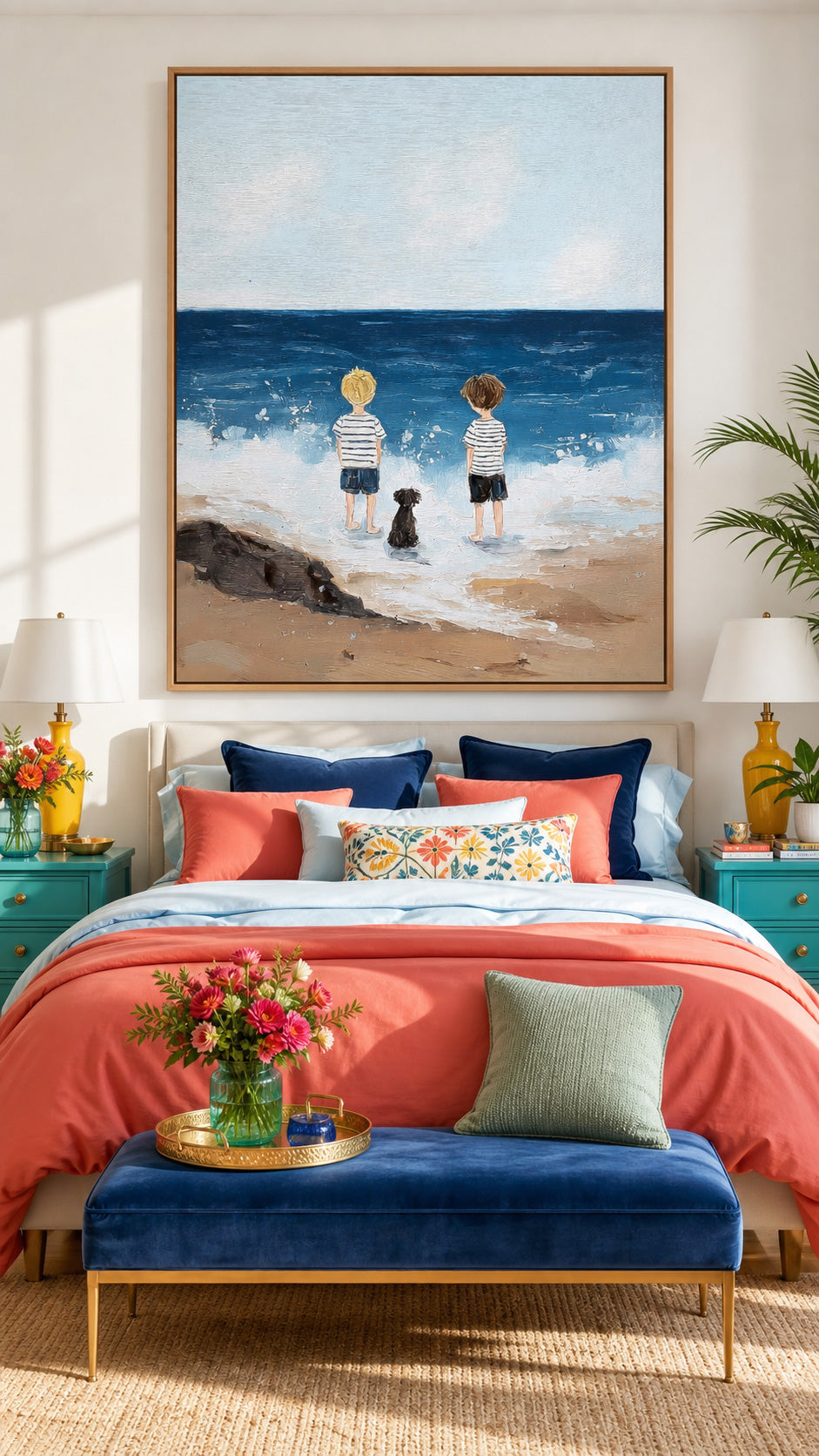 Original Hand Painted Seascape Artwork Featuring Children And Pet On Linen