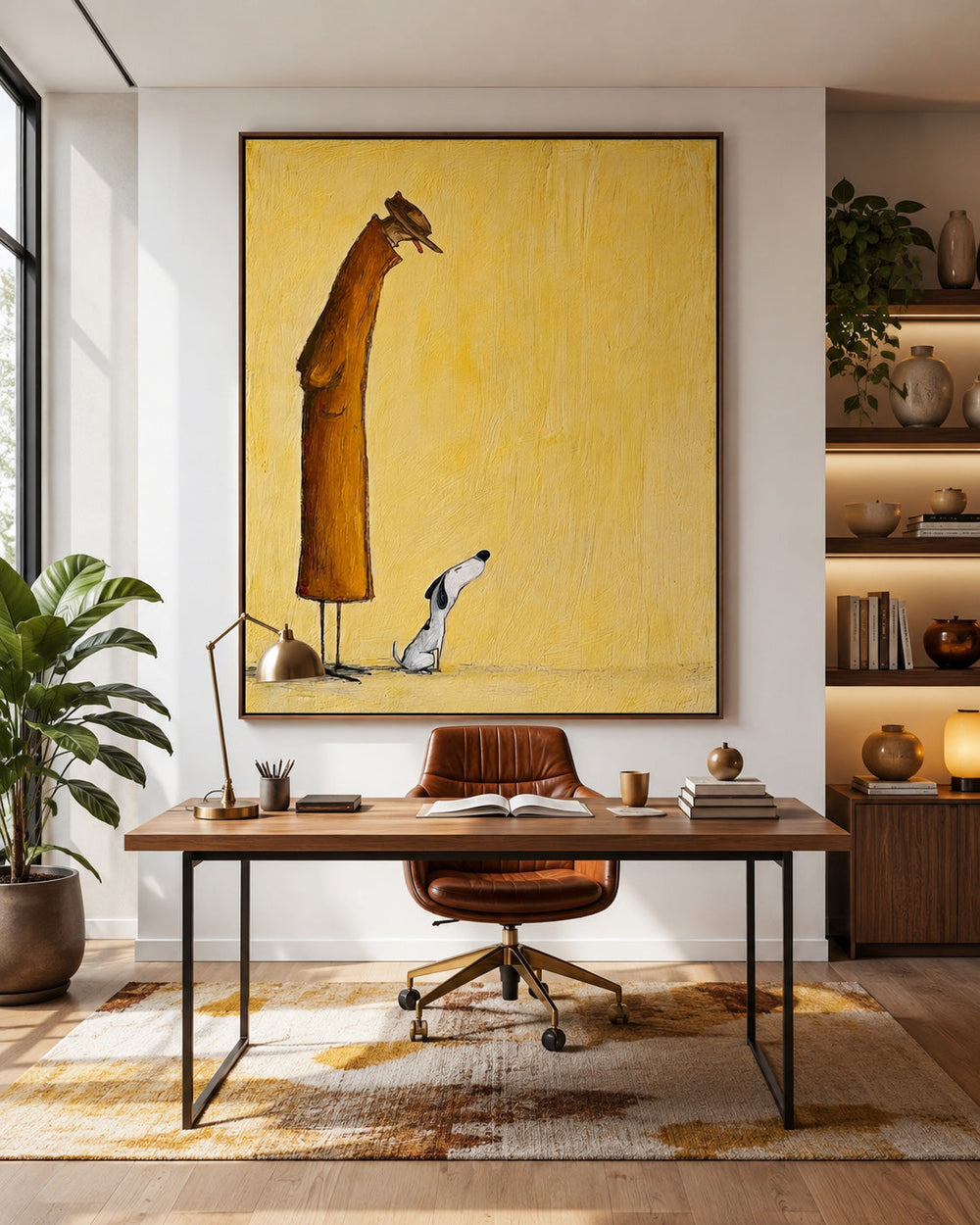 Modern Minimalist Figure Painting With Dog Beige Abstract Canvas Art Print