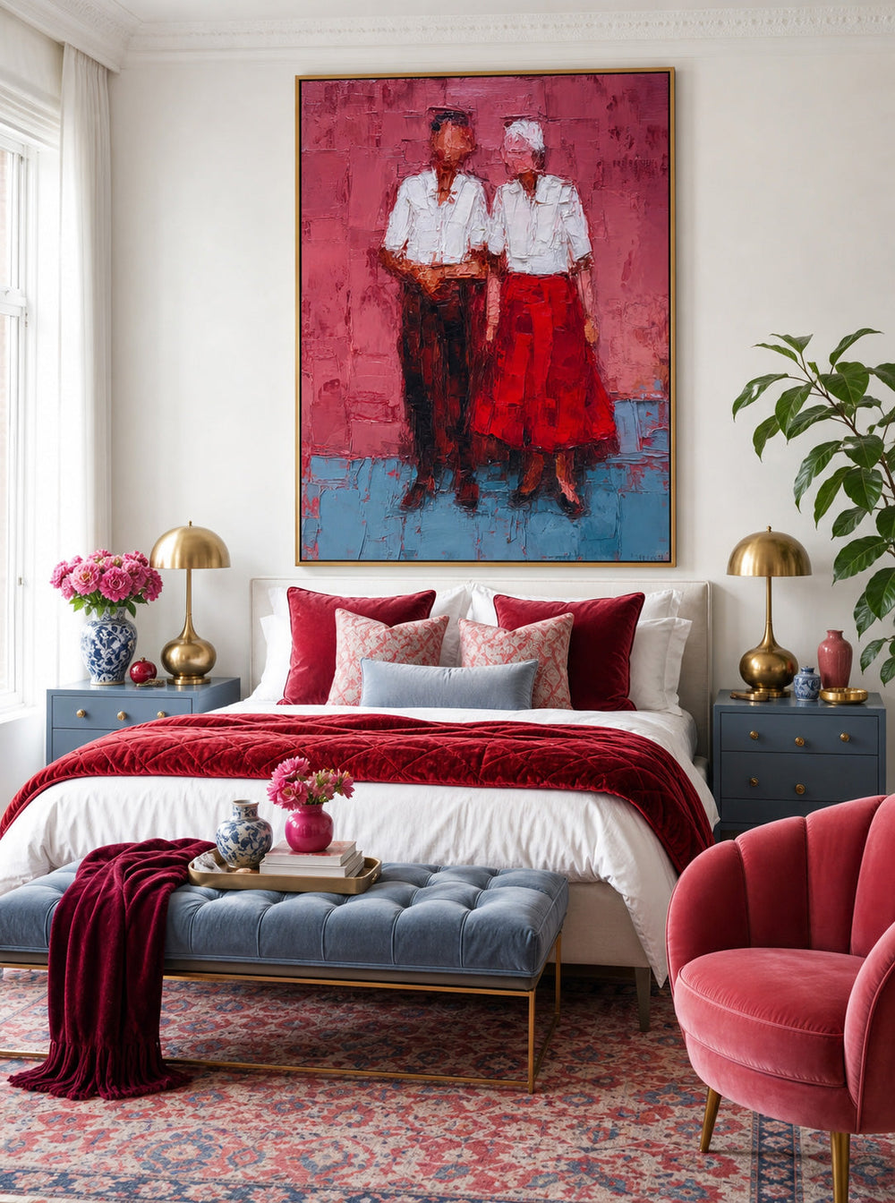 Elderly Couple Portrait Oil Painting Expressive Red And Blue Modern Art For Home